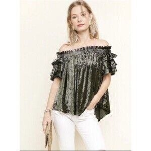 NWT Umgee Green Olive Velvet Off Shoulder Top Blouse Size Large